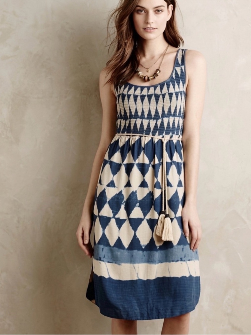 Anthropologie Maeve Castalia Blue Tan Diamond Smocked Sundress Sz 4 With Pockets